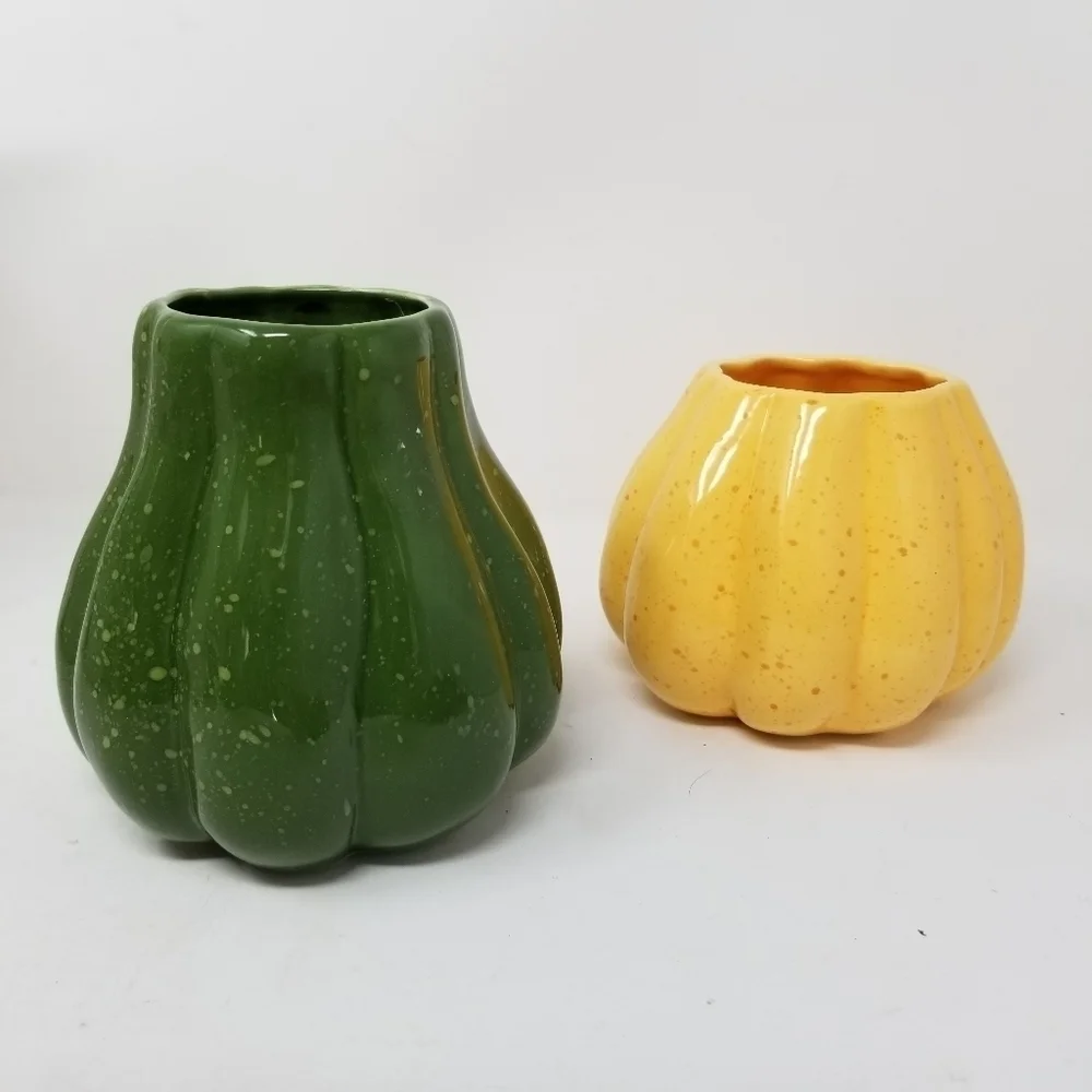 Crate and Barrel Flecked Vase Planter Gourd Squash Yellow Green Signed B Eigler
